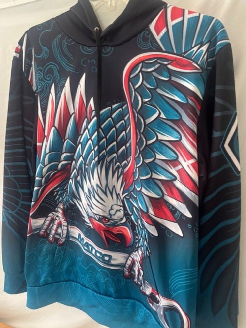 Men's Graphic Pullover Hoodie - Blue & Red Eagle Design Marco Tools Vibrant